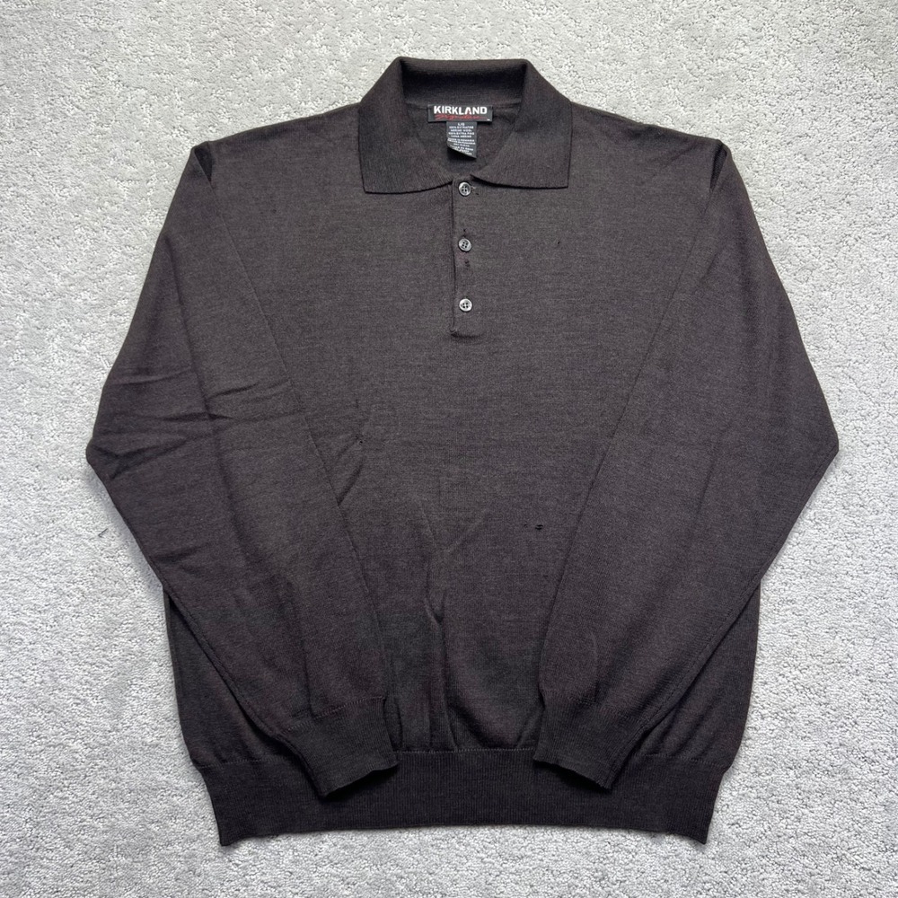 Kirkland Signature Polo Sweater Mens Large Brown 100% Extrafine Merino Wool